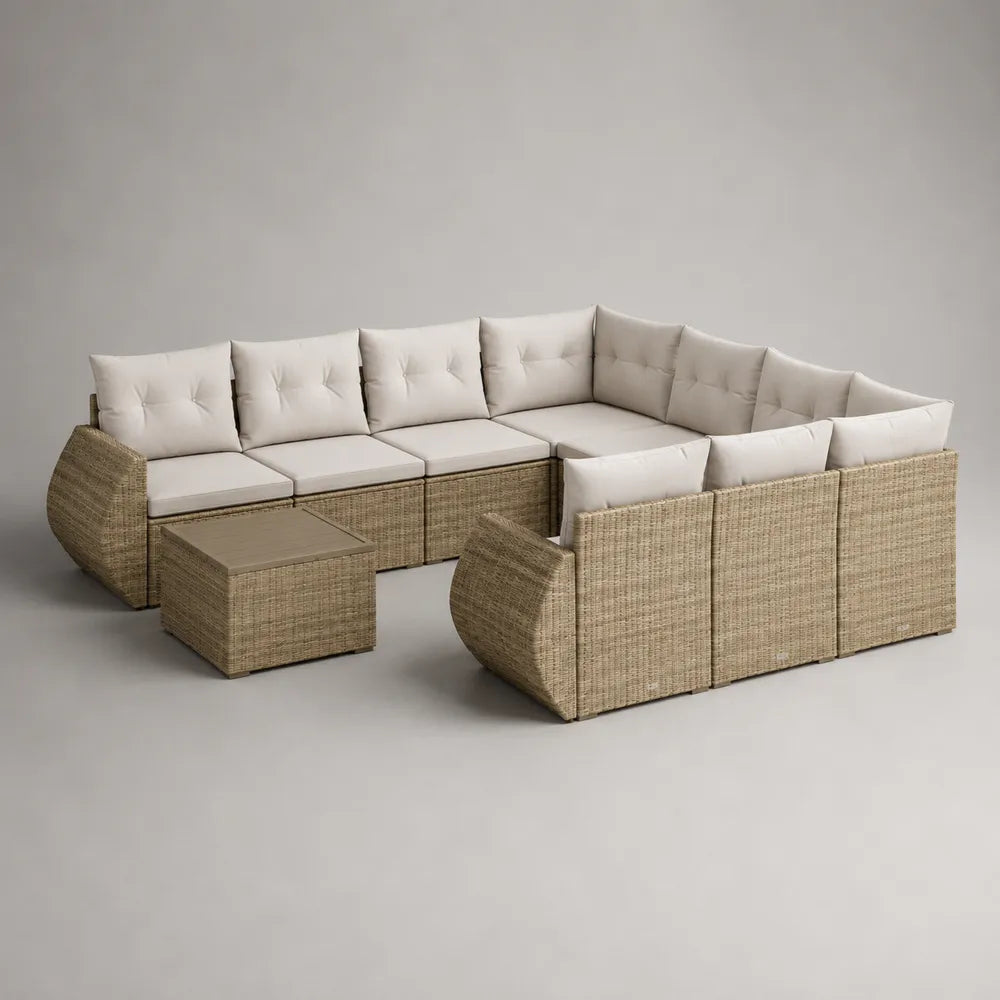Divano da giardino angolare modulare a L con tavolino struttura in alluminio intreccio in rattan sintetico PE colore beige dimensioni 250x200x70 cm