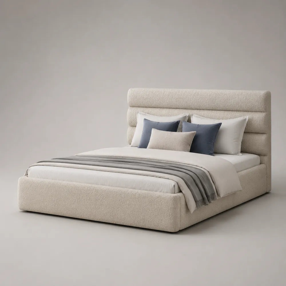 Letto matrimoniale 160 x 200 cm contenitore in tessuto poliestere effetto lino beige con testiera sagomata a nuvola e sistema di sollevamento a gas struttura in MDF e metallo