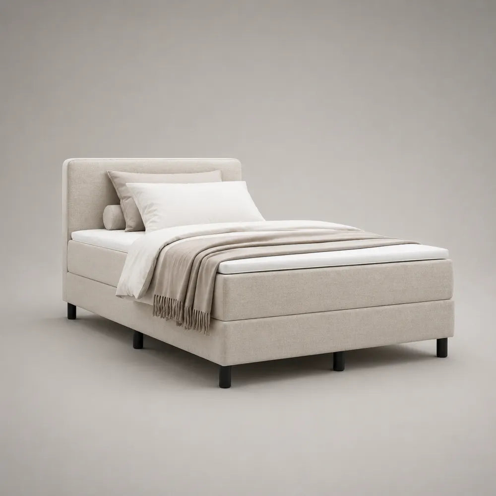 Letto matrimoniale 160 x 200 cm imbottito in tessuto poliestere effetto lino beige con testiera a pannelli e struttura su gambe nere