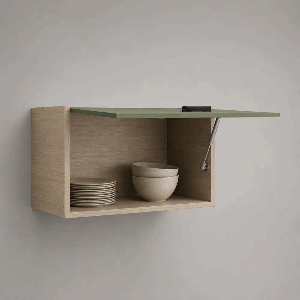 Pensile cucina 80x30x40 cm con anta ribaltabile e vano aperto struttura in MDF effetto rovere e frontale verde forma rettangolare