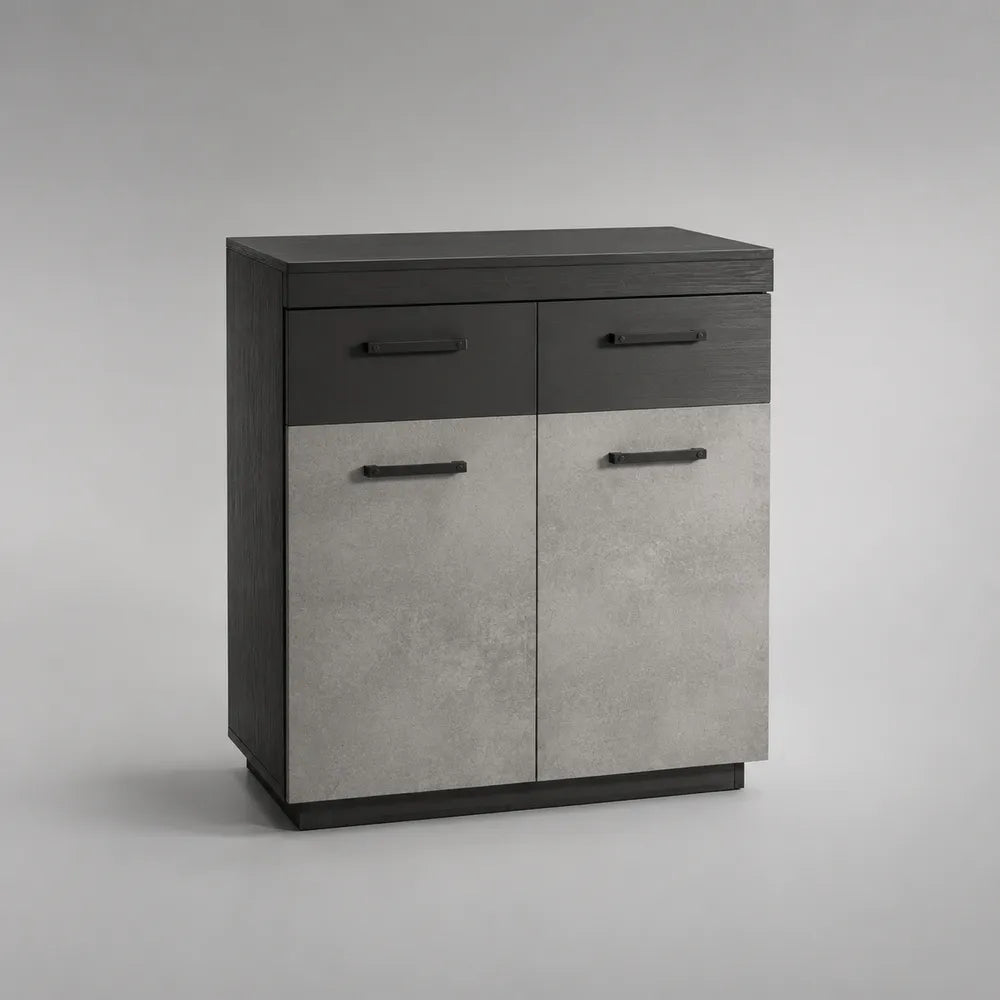 Scarpiera mobile ingresso 80 cm x 35 cm x 90 cm con 2 cassetti e doppia anta in effetto cemento grigio e nero struttura in MDF