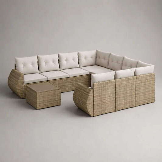 Divano da giardino angolare modulare a L con tavolino struttura in alluminio intreccio in rattan sintetico PE colore beige dimensioni 250x200x70 cm
