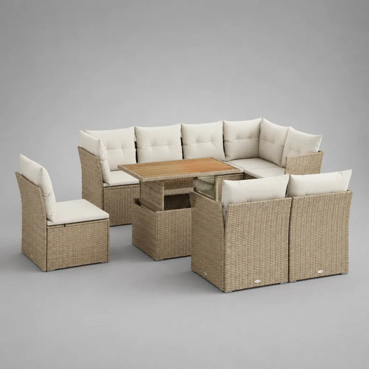 Divano da giardino angolare modulare a L con tavolino struttura in alluminio rattan sintetico PE colore beige con cuscini bianchi dimensioni 260x200x75 cm