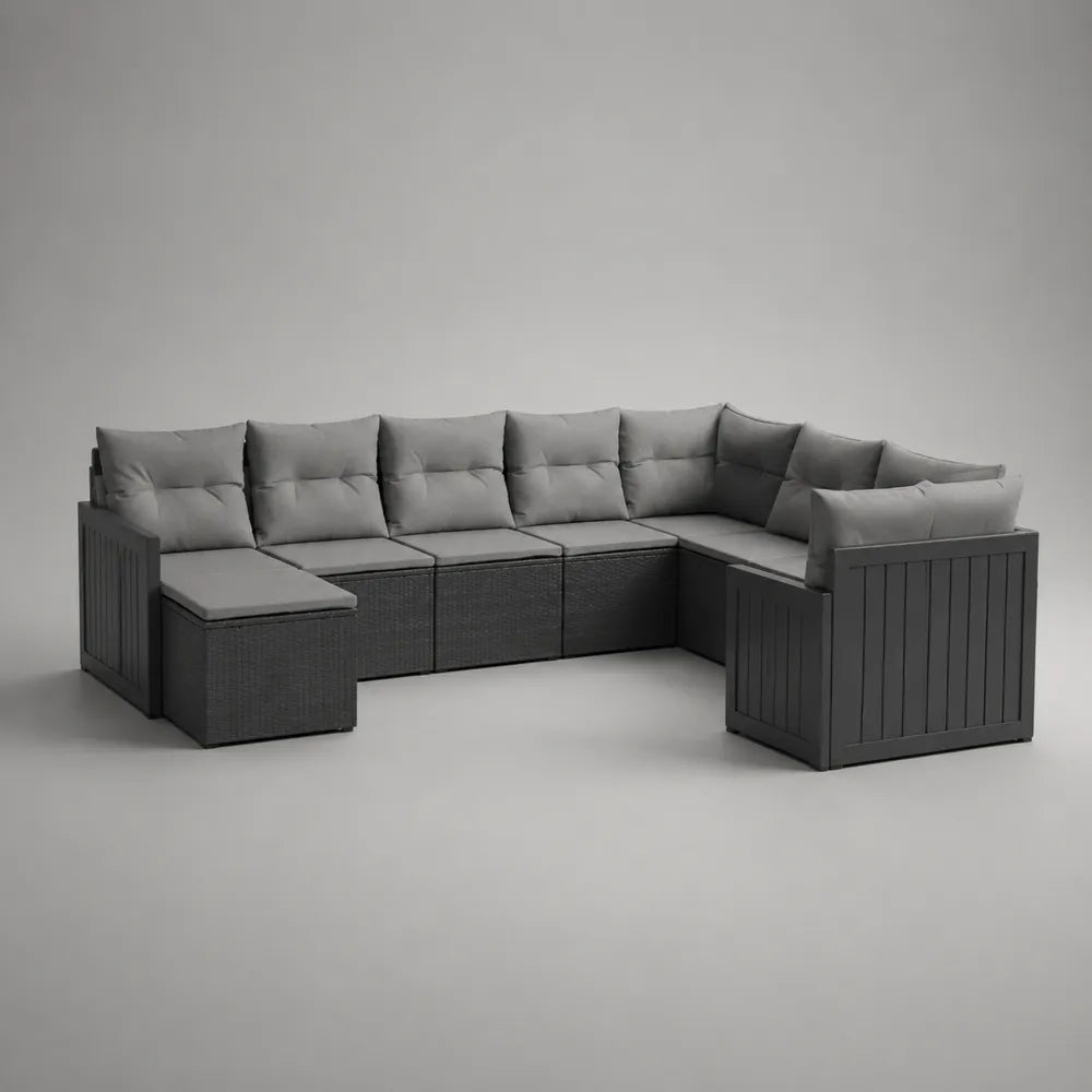 Divano da giardino angolare modulare a L con tavolino struttura in alluminio rattan sintetico PE colore grigio scuro e cuscini grigio chiaro dimensioni 280x200x75 cm