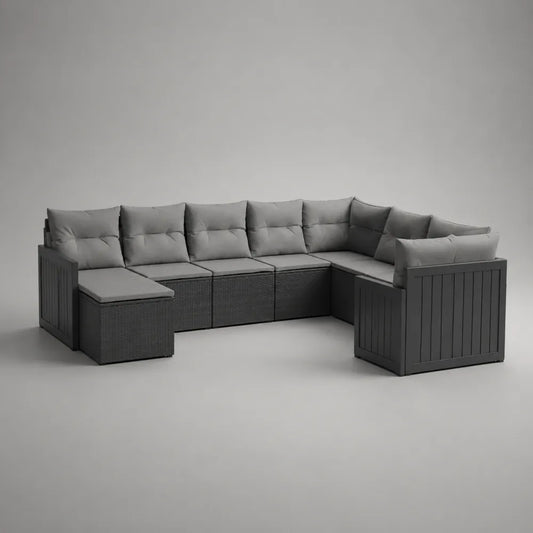 Divano da giardino angolare modulare a L con tavolino struttura in alluminio rattan sintetico PE colore grigio scuro e cuscini grigio chiaro dimensioni 280x200x75 cm