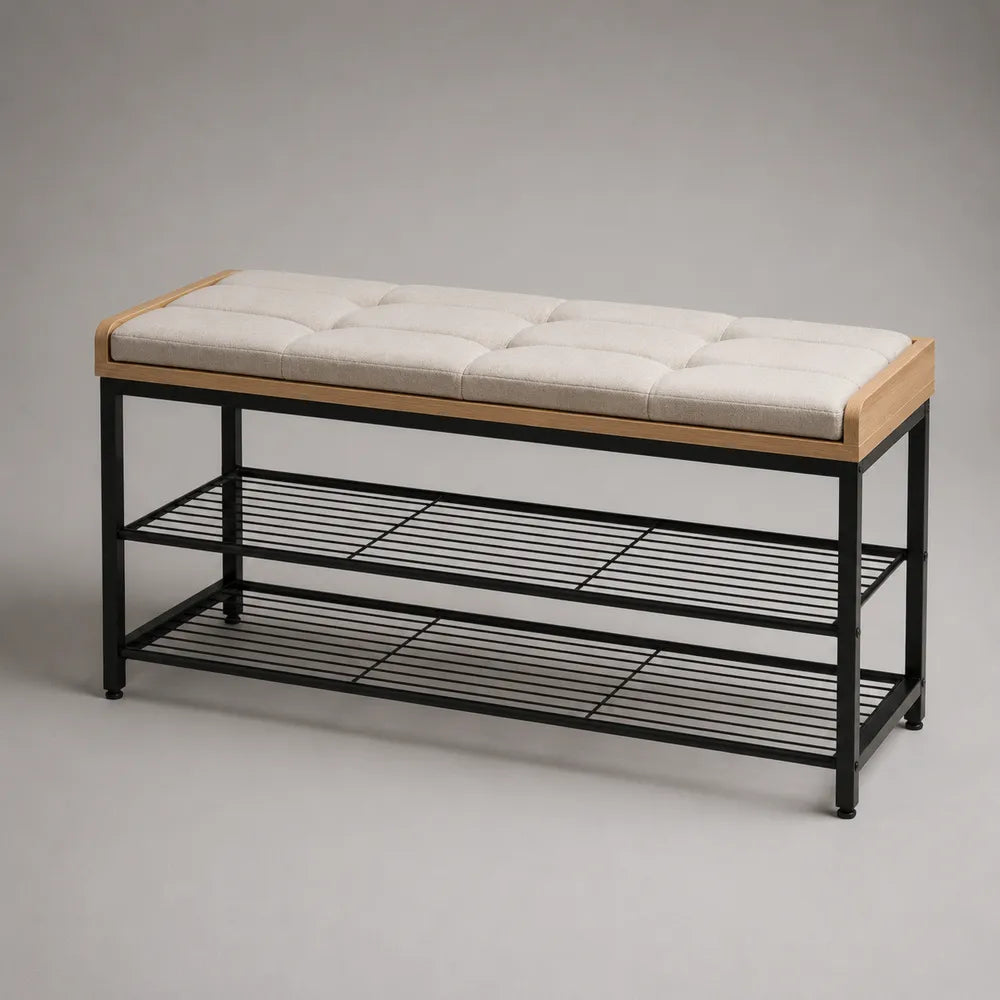Scarpiera con panca e seduta imbottita struttura in acciaio verniciato nero ripiani metallici piano in legno naturale dimensioni 100x35x45 cm