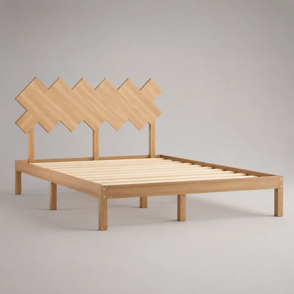 Letto matrimoniale 160 cm x 200 cm in legno massello di pino naturale con testiera geometrica a zigzag struttura rettangolare rete a doghe
