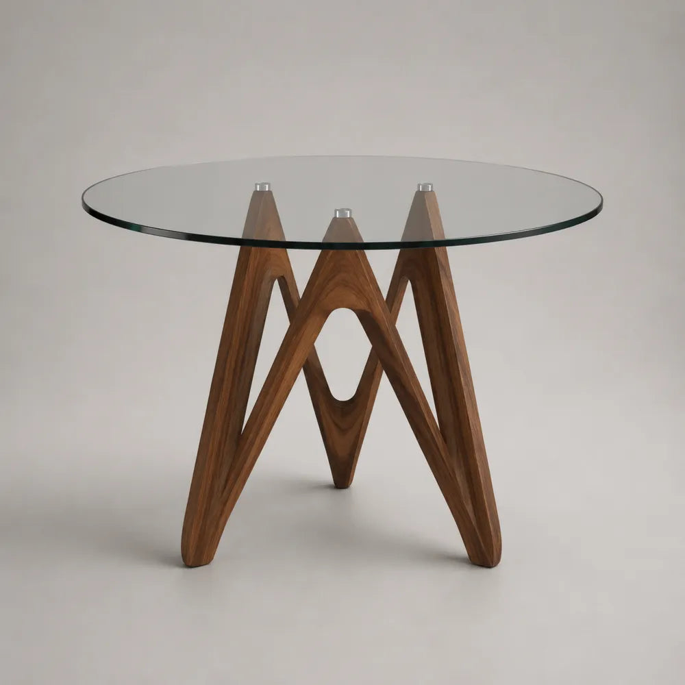 Tavolo da pranzo rotondo vetro temperato trasparente 10 mm base in legno massello di noce naturale diametro 100 cm altezza 75 cm struttura a tre gambe incrociate design moderno