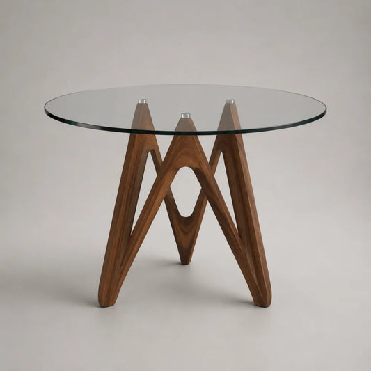 Tavolo da pranzo rotondo vetro temperato trasparente 10 mm base in legno massello di noce naturale diametro 100 cm altezza 75 cm struttura a tre gambe incrociate design moderno