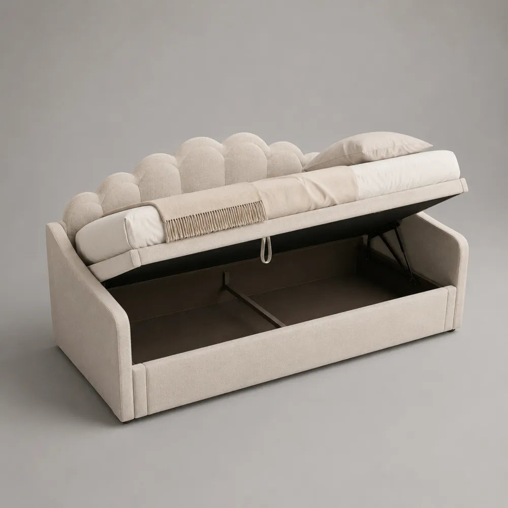 Letto contenitore 90 x 200 cm in tessuto poliestere effetto bouclé beige con sistema alzante a gas e testiera imbottita sagomata struttura in MDF e metallo