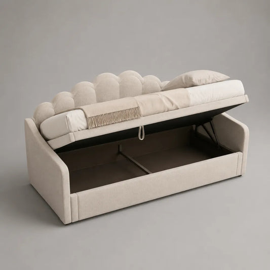 Letto contenitore 90 x 200 cm in tessuto poliestere effetto bouclé beige con sistema alzante a gas e testiera imbottita sagomata struttura in MDF e metallo