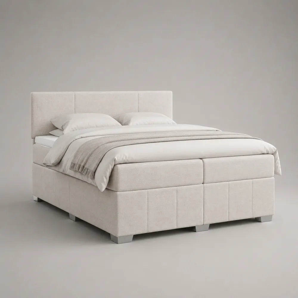 Letto matrimoniale 160 cm x 200 cm in tessuto poliestere beige con testiera e pediera imbottite trapuntate struttura in legno multistrato e gambe in metallo