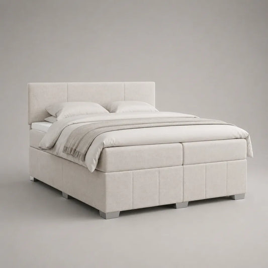 Letto matrimoniale 160 cm x 200 cm in tessuto poliestere beige con testiera e pediera imbottite trapuntate struttura in legno multistrato e gambe in metallo