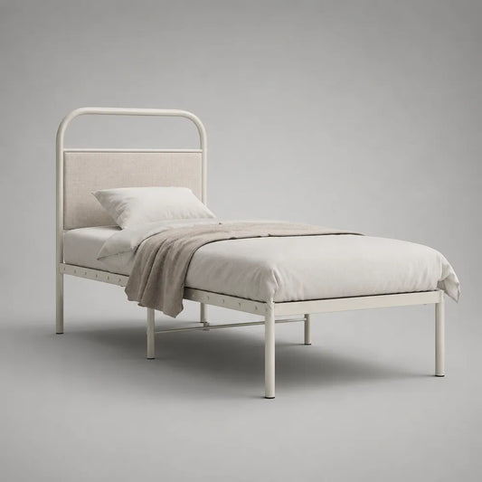 Letto singolo 90 cm x 200 cm in metallo verniciato bianco con testiera imbottita beige struttura rettangolare rete a doghe