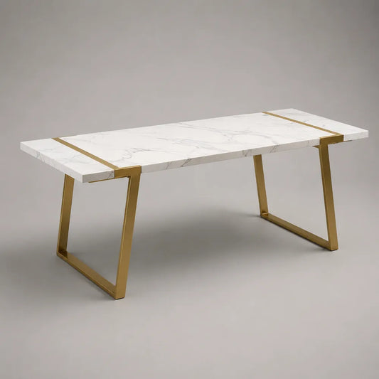 Tavolo da pranzo 160x70x75 cm con piano effetto marmo bianco in pietra sinterizzata e struttura in acciaio dorato