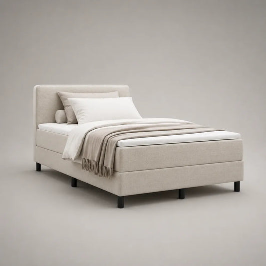 Letto matrimoniale 160 x 200 cm imbottito in tessuto poliestere effetto lino beige con testiera a pannelli e struttura su gambe nere