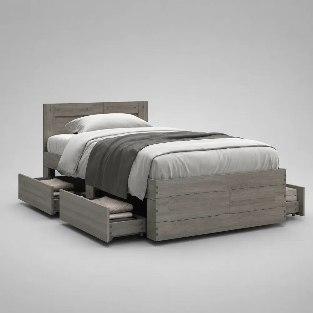 Letto matrimoniale 160 cm x 200 cm in pannelli effetto rovere grigio con 4 cassetti laterali struttura rettangolare con testiera in legno e rete a doghe