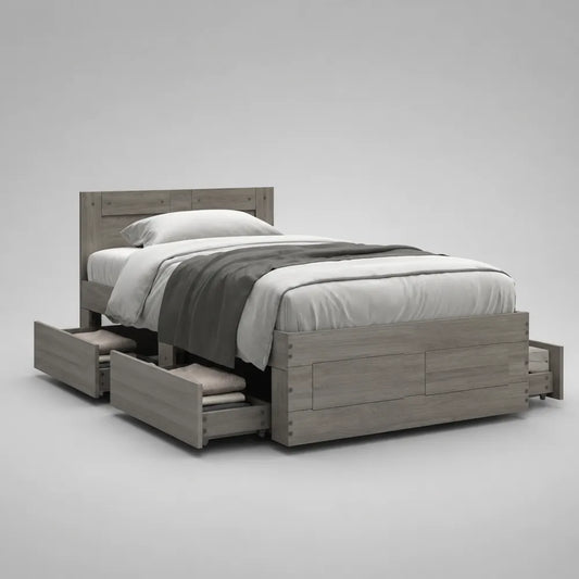 Letto matrimoniale 160 cm x 200 cm in pannelli effetto rovere grigio con 4 cassetti laterali struttura rettangolare con testiera in legno e rete a doghe