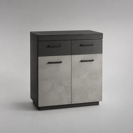 Scarpiera mobile ingresso 80 cm x 35 cm x 90 cm con 2 cassetti e doppia anta in effetto cemento grigio e nero struttura in MDF