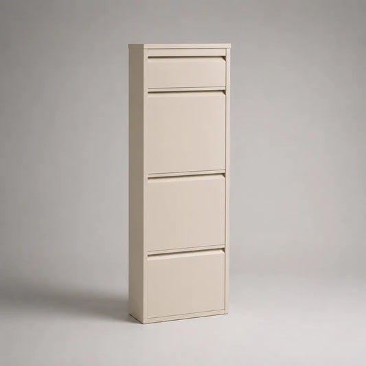 Scarpiera a colonna 60 cm x 25 cm x 120 cm in MDF effetto avorio con cassetto superiore e 3 ribalte struttura rettangolare