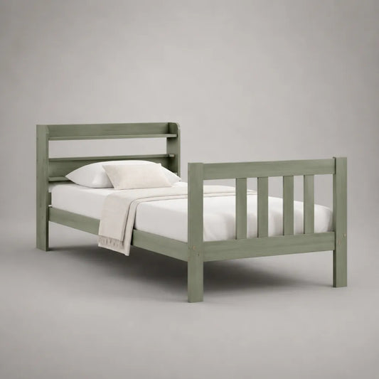 Letto singolo 90x200 cm struttura in legno massello di pino verniciato verde salvia con testiera e pediera a doghe rete a doghe in legno dimensioni 208x98x100 cm