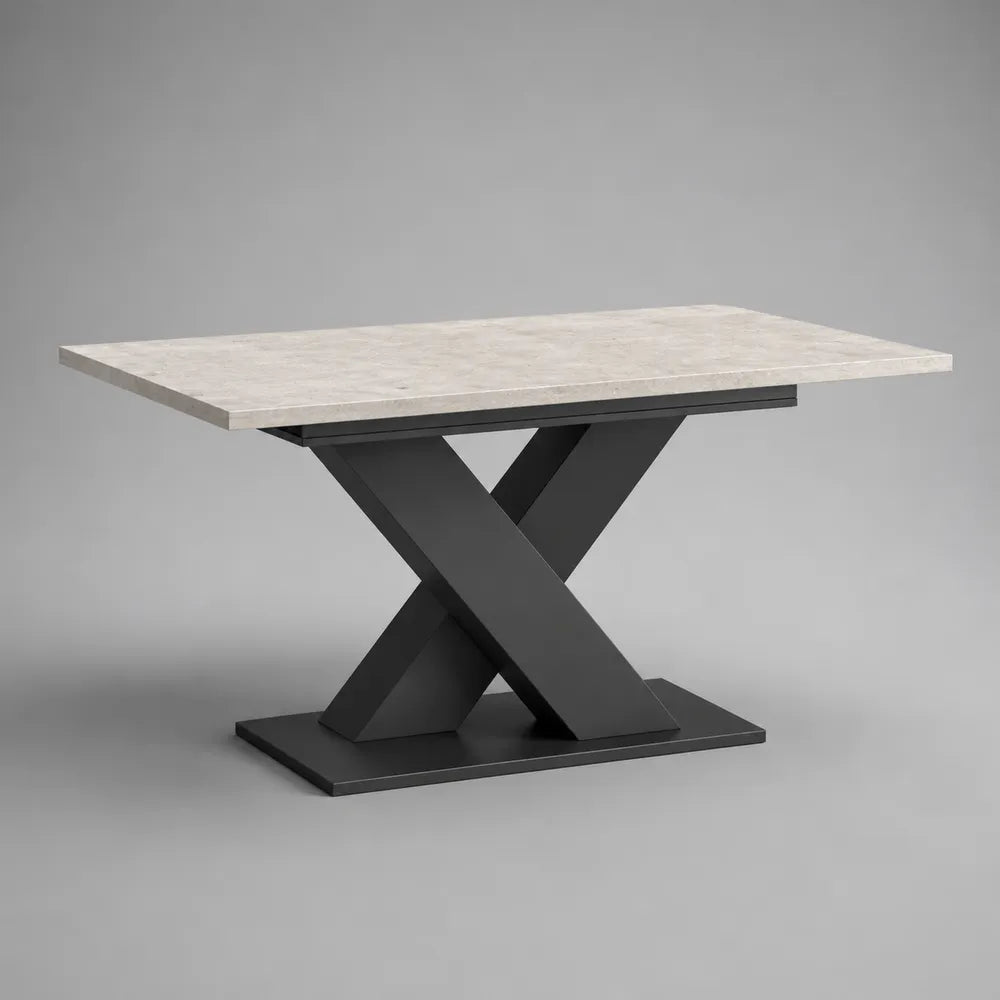 Tavolo da pranzo rettangolare 160x90x75 cm piano in gres porcellanato effetto marmo travertino struttura in acciaio verniciato nero base a X incrociata nero e grigio chiaro